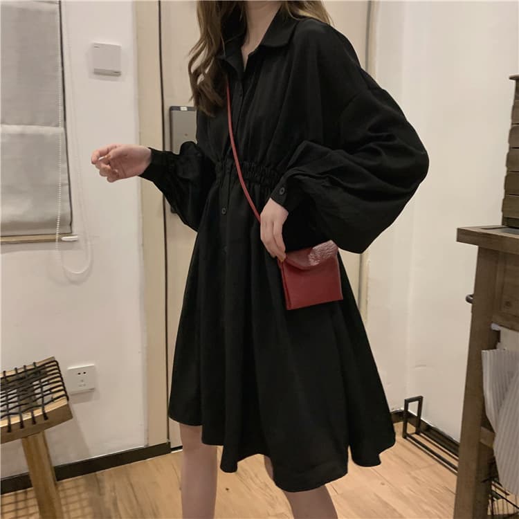 大人ワンピース 長袖シャツワンピース黒きれいめ大人ミディ丈