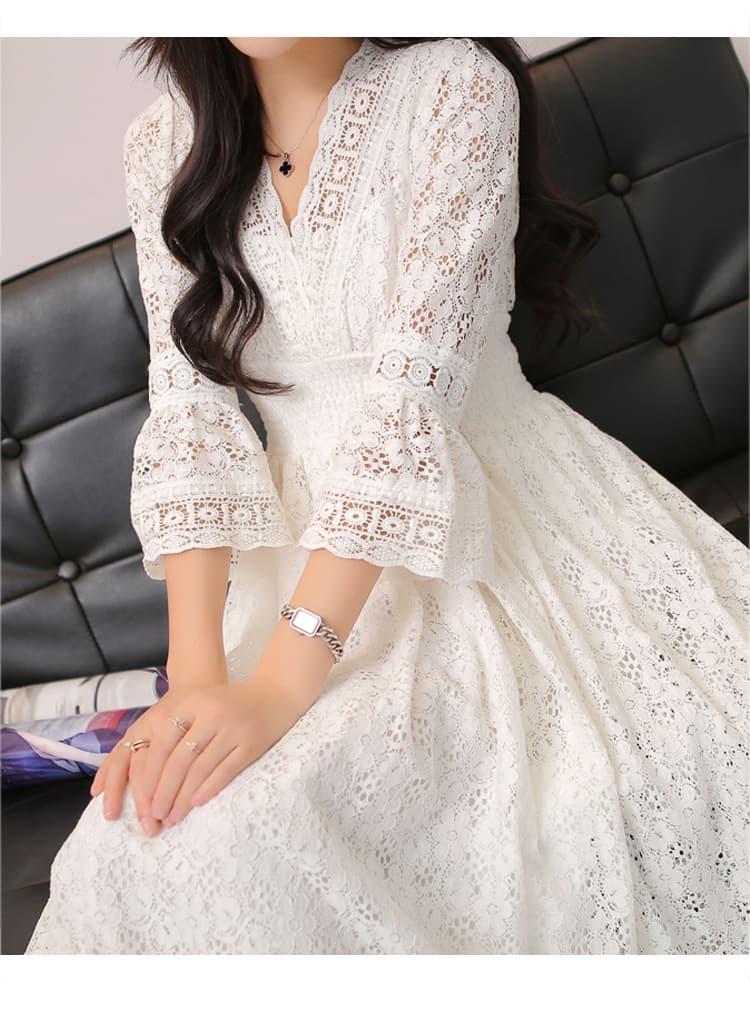 大人ワンピース ロング 花レース美シルエット