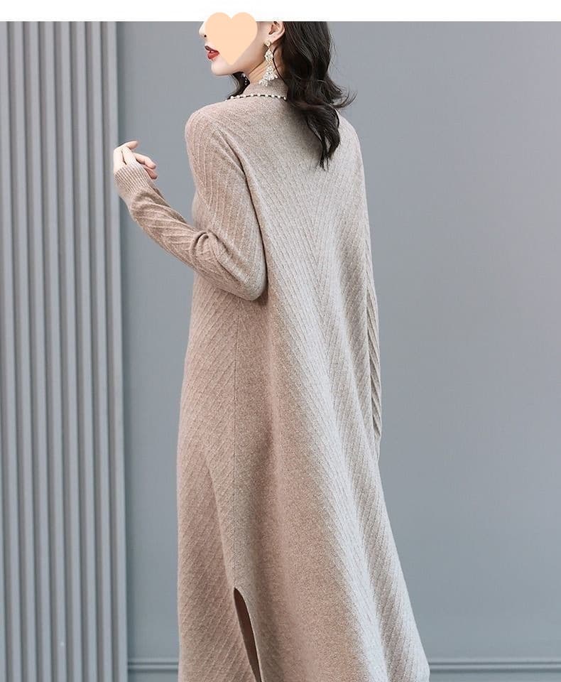 大人ワンピース ロング ゆったり着やすい スリット入りニットワンピース