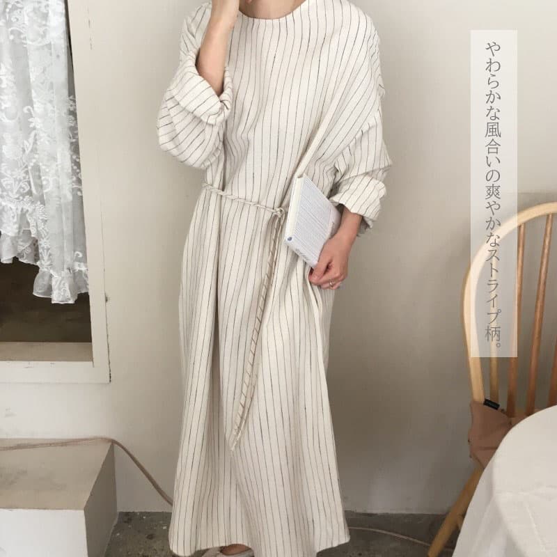 大人ワンピース 縦縞ストライプ長袖ワンピース ゆったり体型カバー