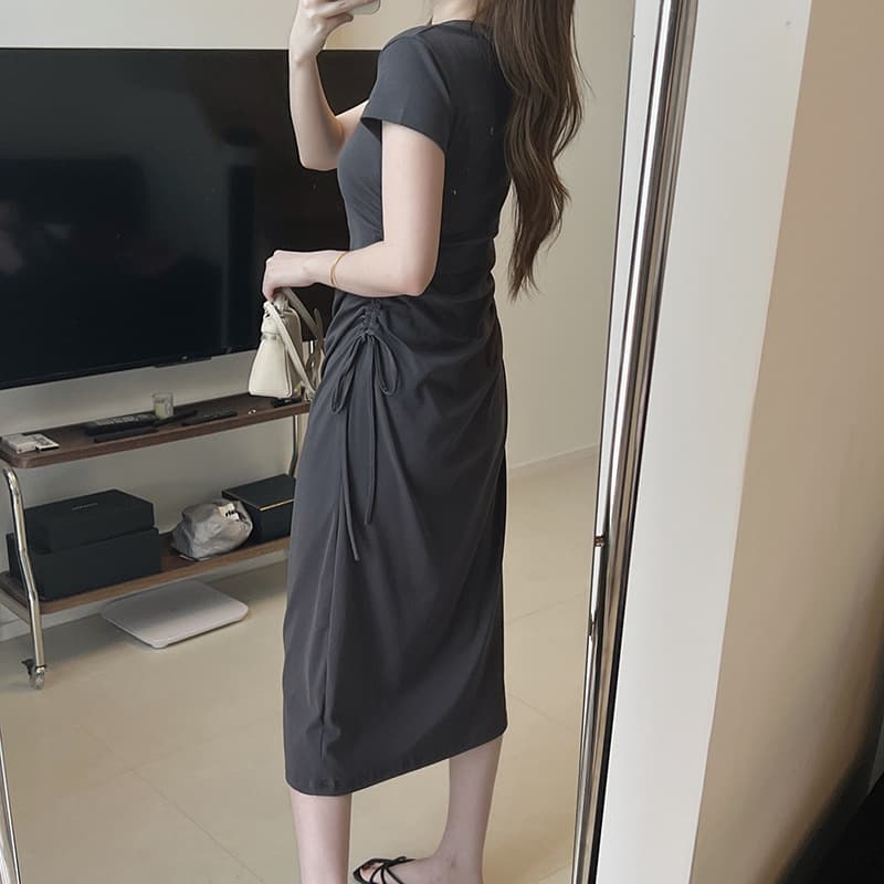 大人ワンピース ロング サイドギャザー ロングワンピース
