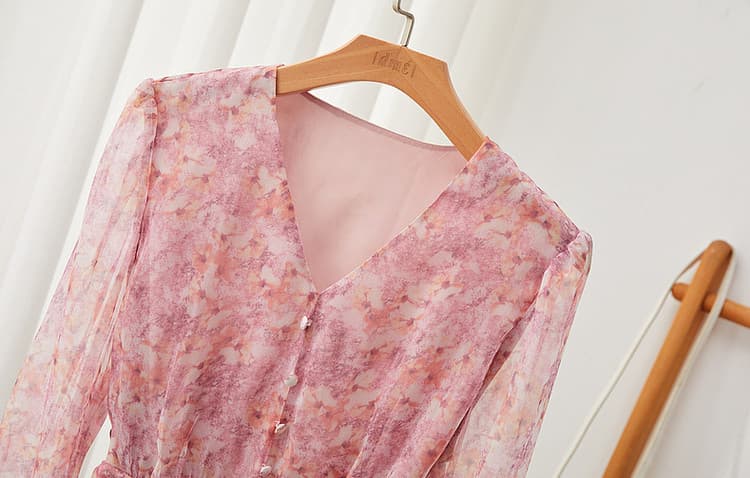 大人ワンピース ロング 花柄シフォンギャザーワンピース