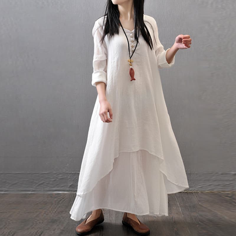 大人ワンピース ロング 重ね着風ゆったりワンピース