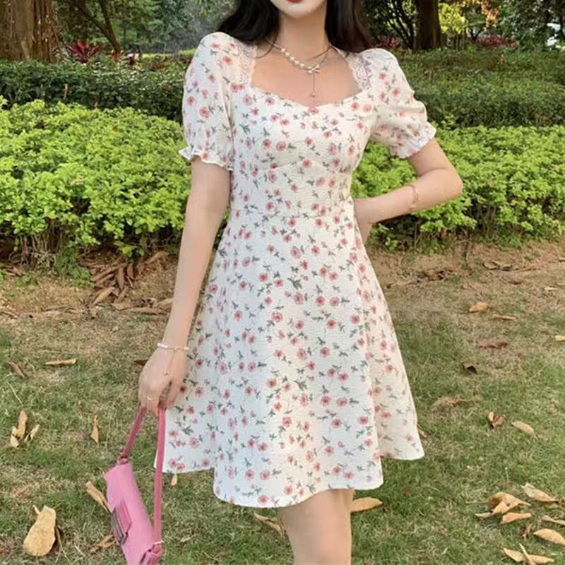 大人ワンピース ロング 上品華やかな花柄パフスリーブワンピース