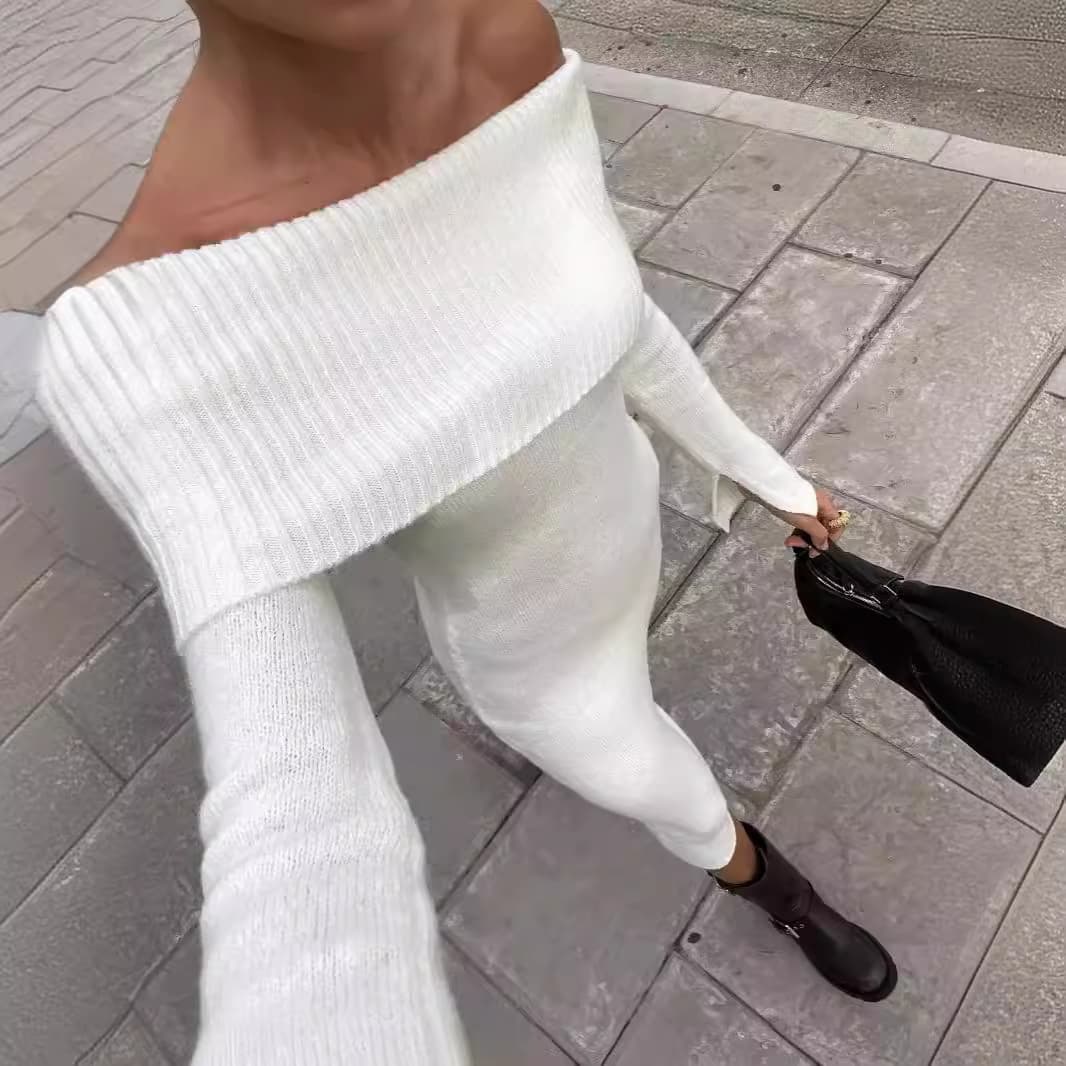 大人ワンピース ロング オフショルダーニットロングワンピース