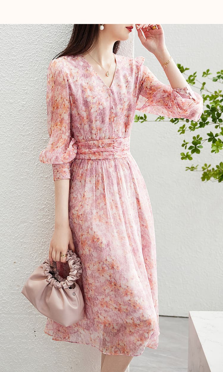 大人ワンピース ロング 花柄シフォンギャザーワンピース