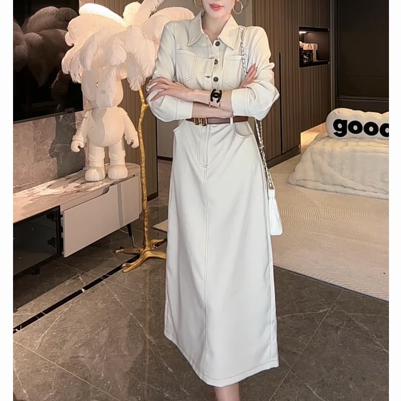 大人ワンピース ロング 上品シルエット シャツ襟ロングワンピース