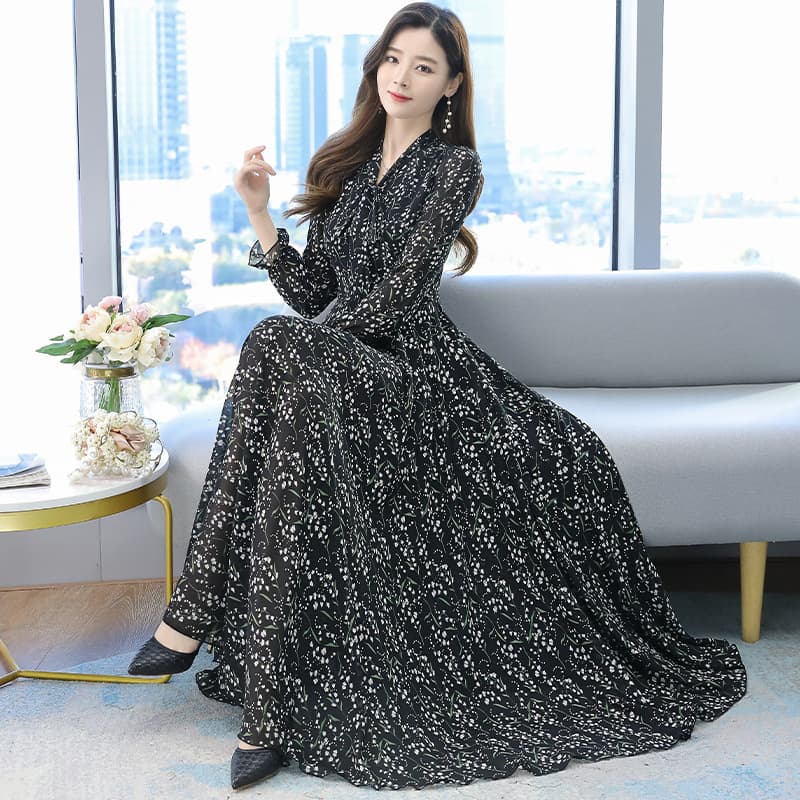 大人ワンピース マキシ 優美な花柄フレアマキシワンピース