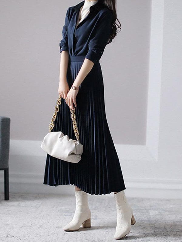 大人ワンピース ロング上品プリーツロングワンピース