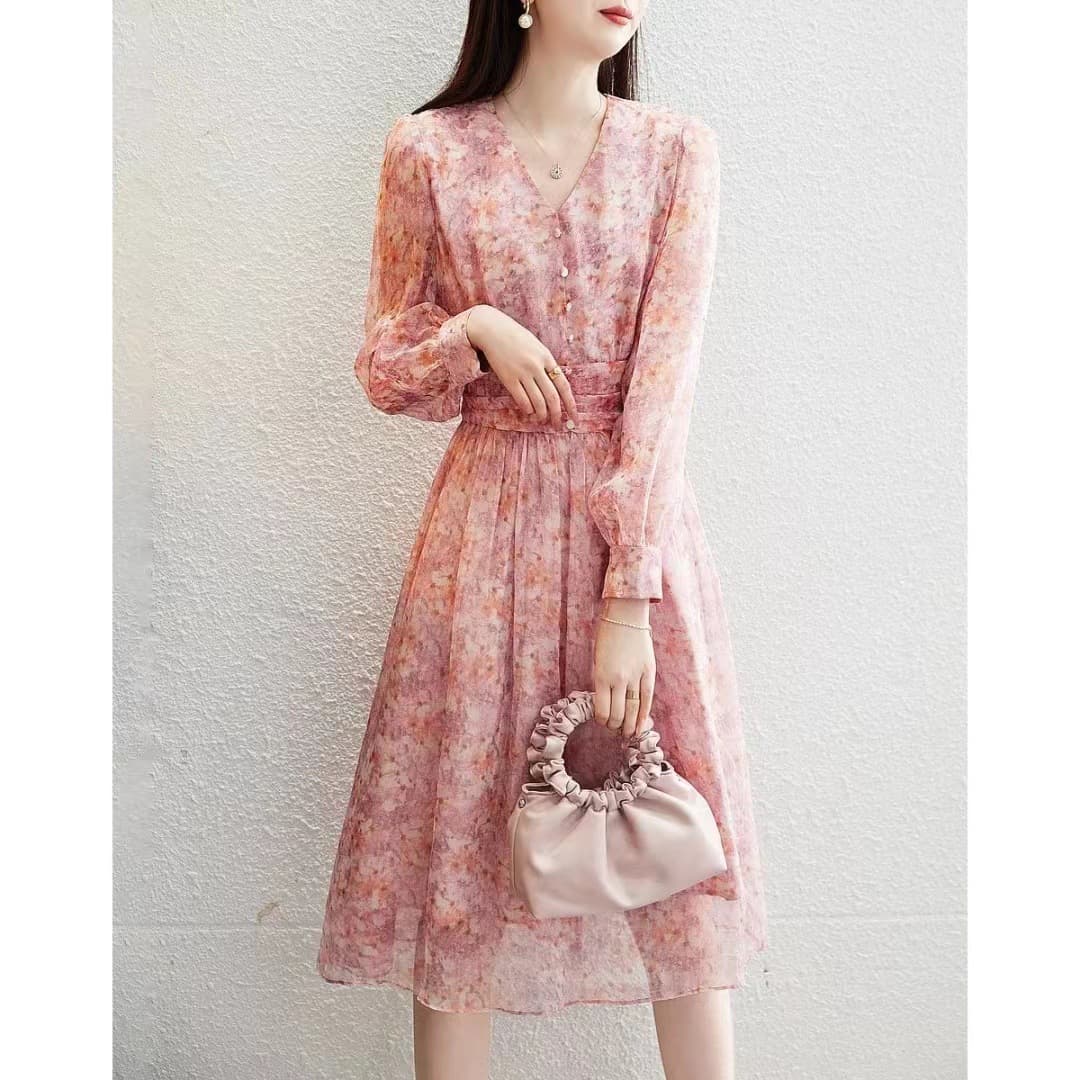 大人ワンピース ロング 花柄シフォンギャザーワンピース