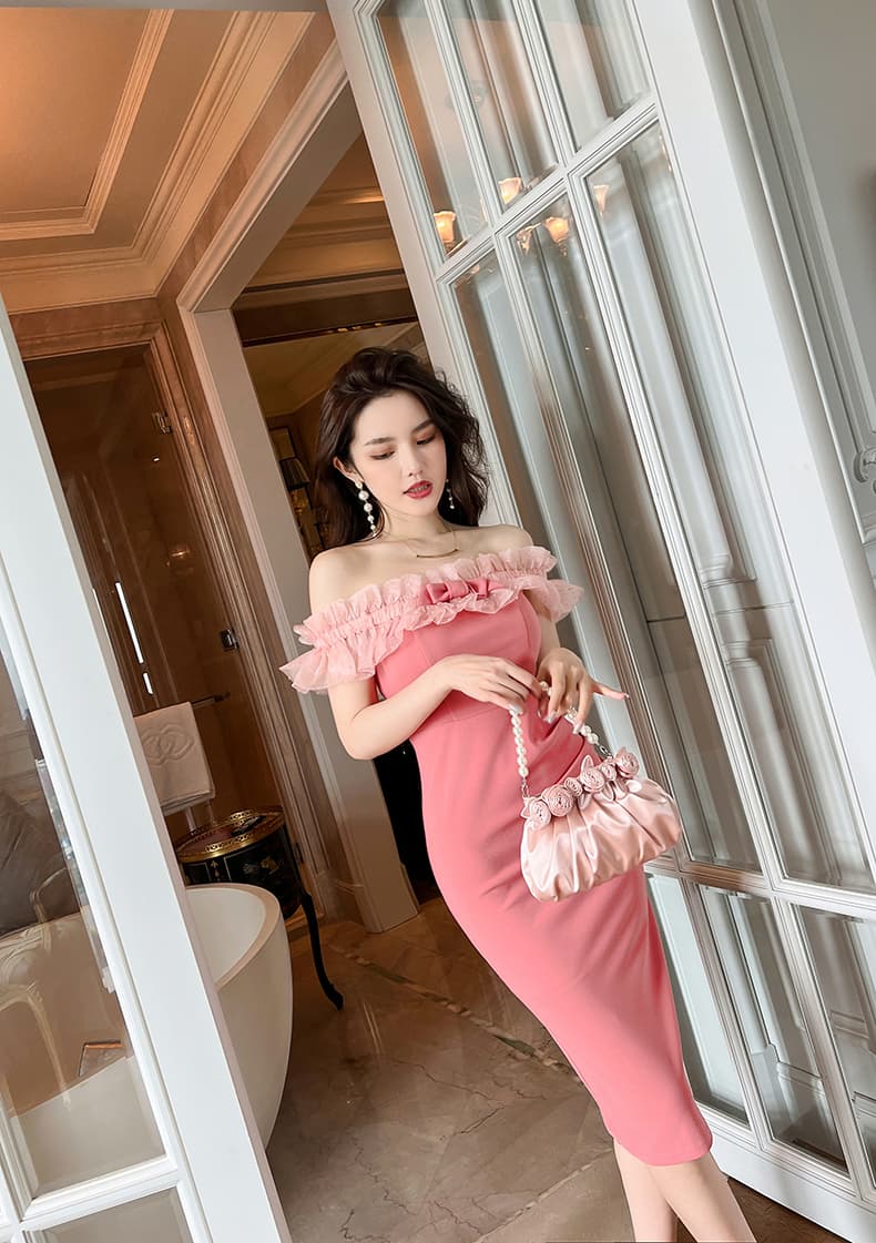 大人ワンピース ロング 優美なチュールフリルワンピース