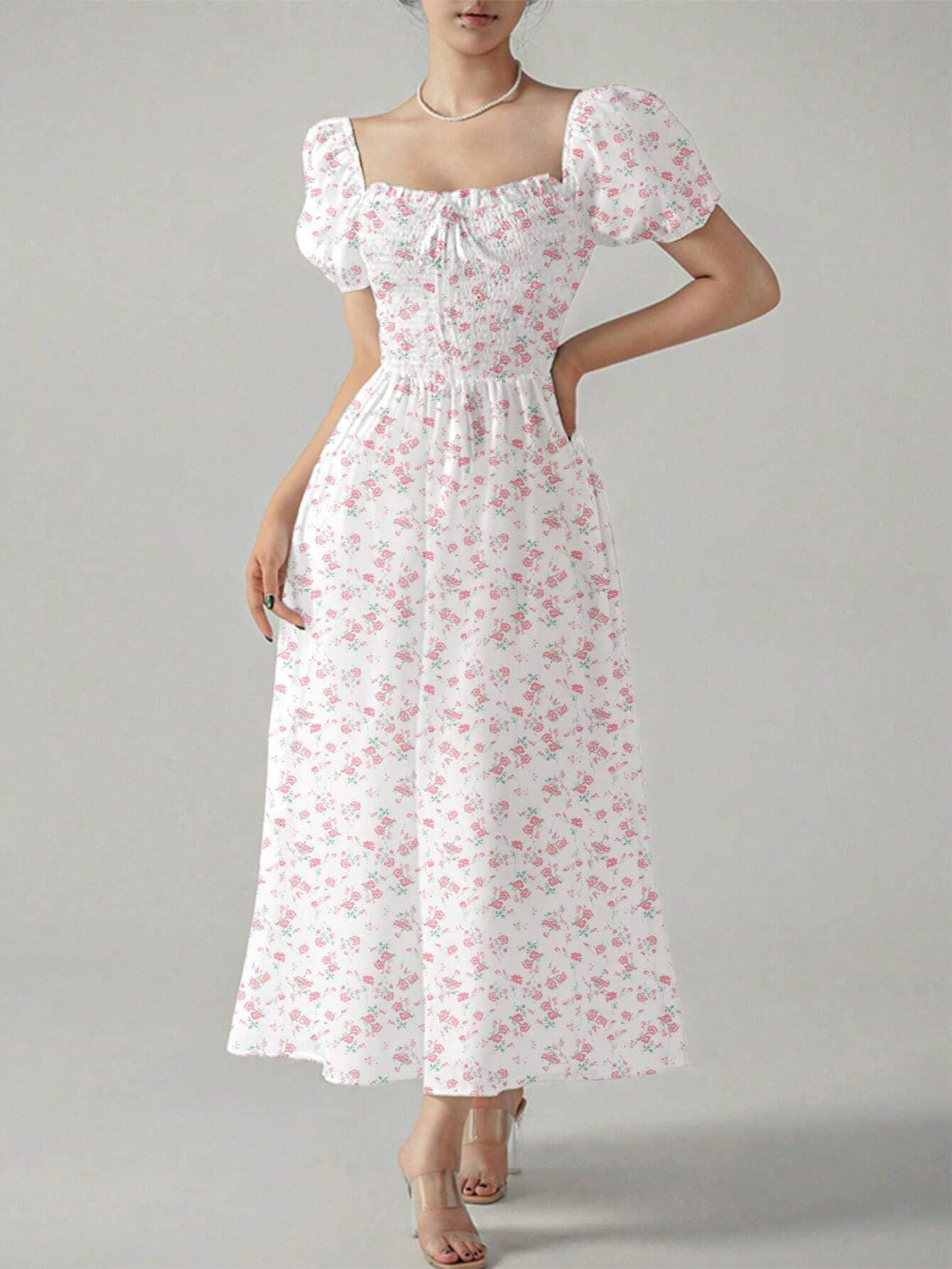 大人ワンピース ロング 花柄シャーリングワンピース