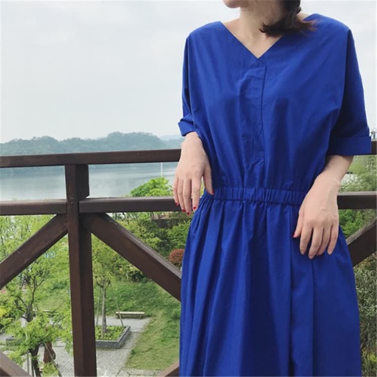 大人ワンピース ロング 五分袖ゆったりギャザーワンピース