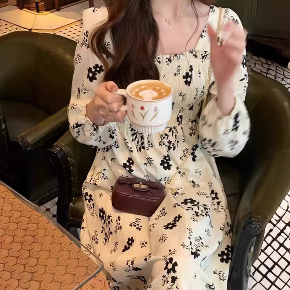大人ワンピース ロング 優美な花柄スモック襟ロングワンピース