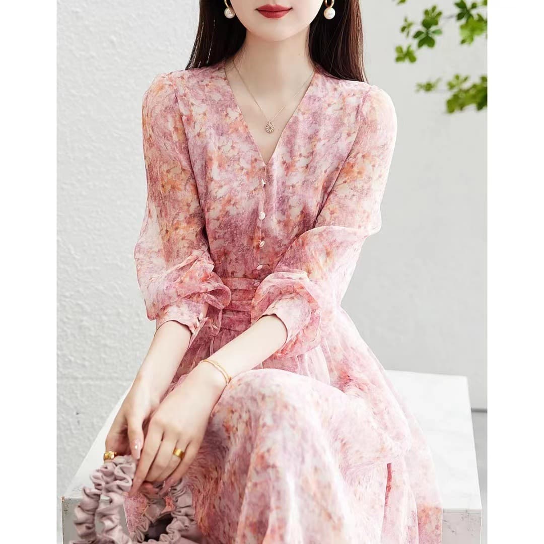 大人ワンピース ロング 花柄シフォンギャザーワンピース
