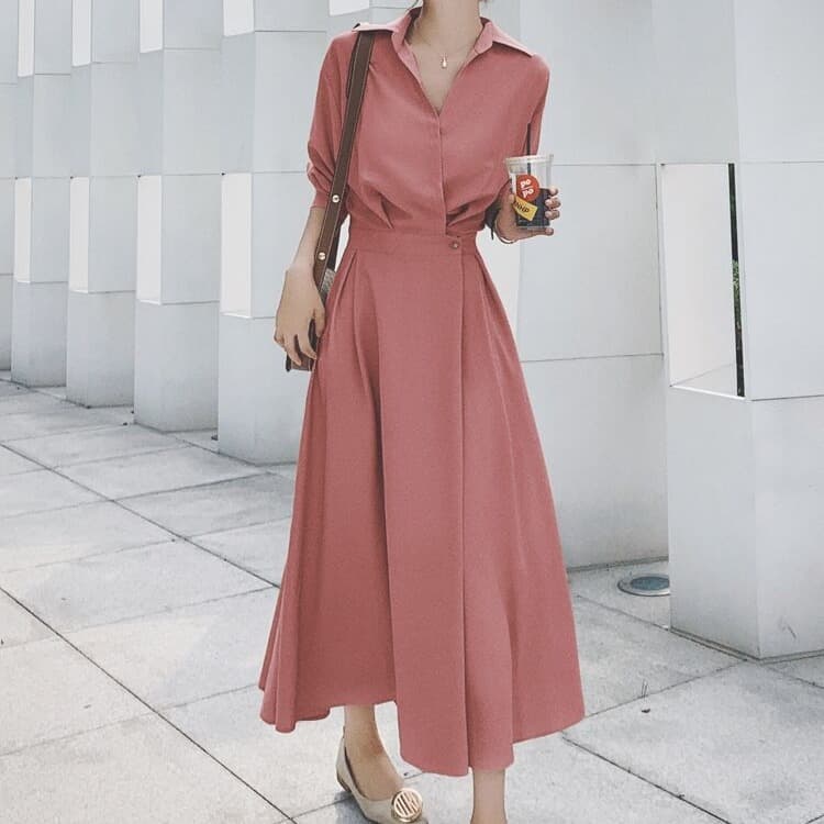 大人ワンピース ロング 上品シルエットシャツロングワンピース