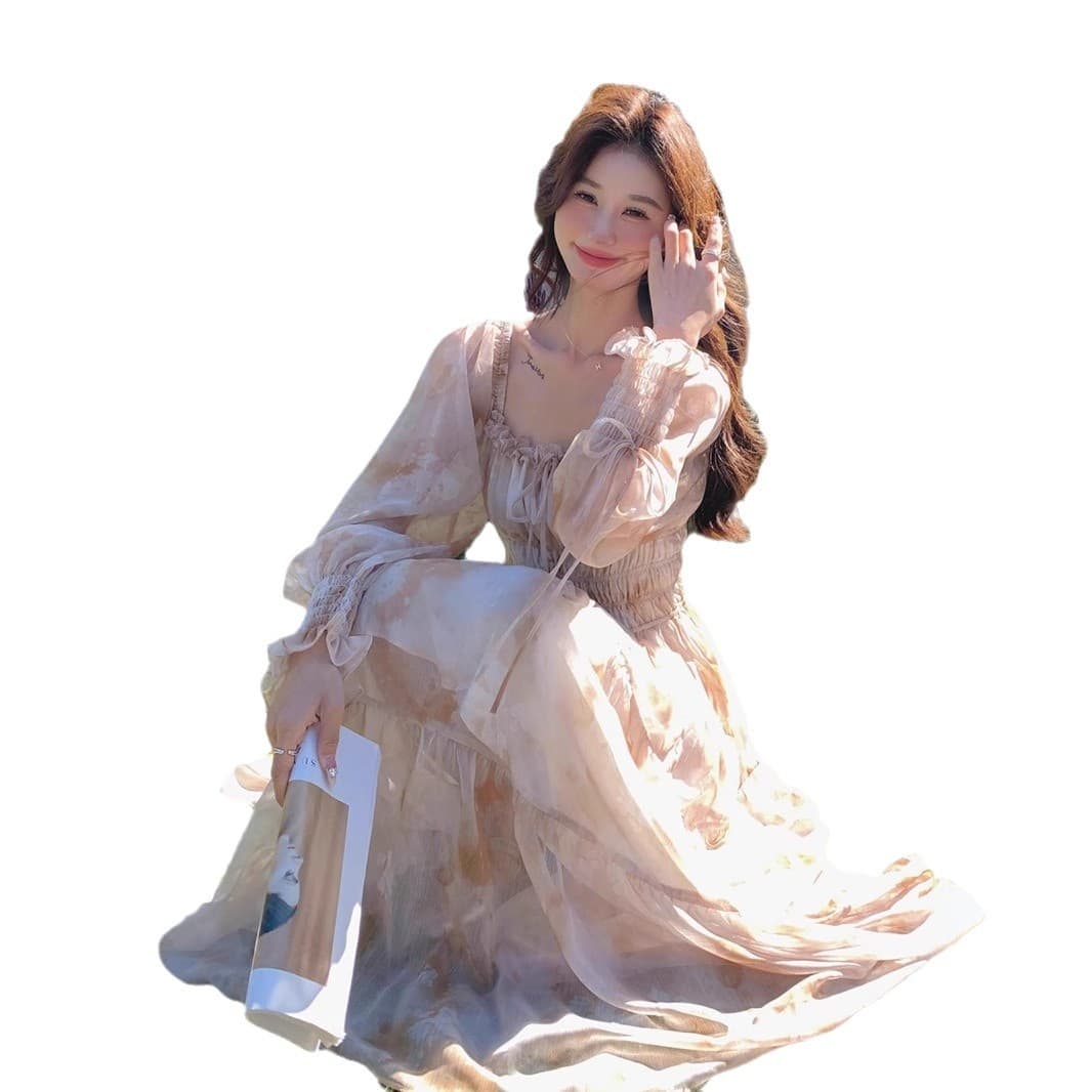 大人ワンピース ロング 優美な花柄ティアードワンピース