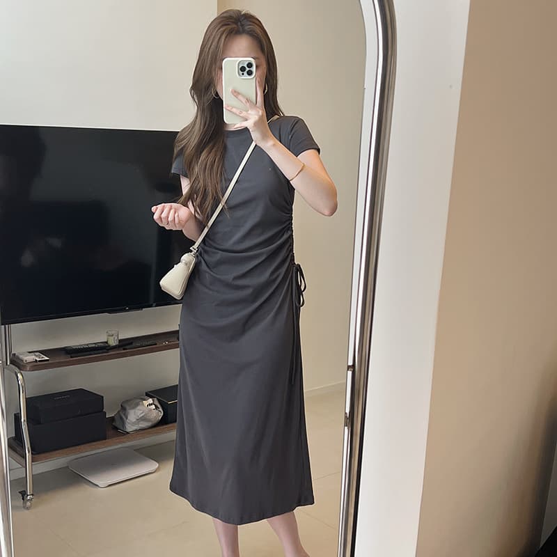 大人ワンピース ロング サイドギャザー ロングワンピース