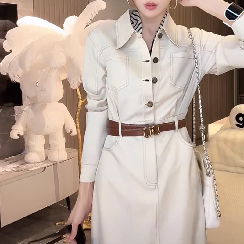 大人ワンピース ロング 上品シルエット シャツ襟ロングワンピース