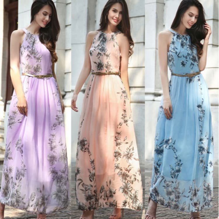 大人ワンピース マキシ 花柄シフォン プリーツ マキシワンピース