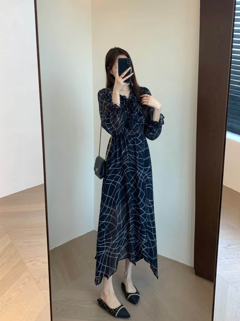 大人ワンピース ロング リボン飾り格子柄シフォンロングワンピース