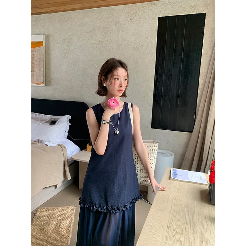 大人ワンピース ロング シフォン切替フリルロングワンピース