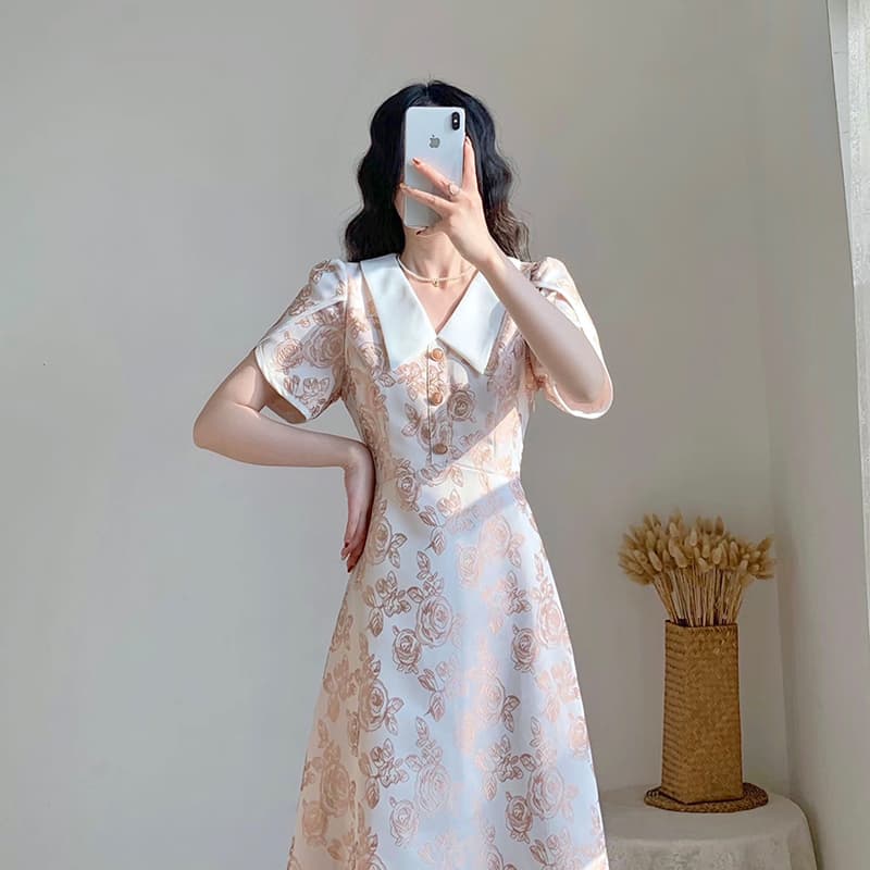 大人ワンピース ロング 優美なパフスリーブ 花柄ロングワンピース