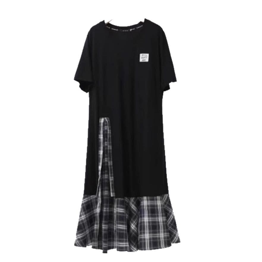 大人ワンピース ロング 格子柄切替 ゆったりロングワンピース