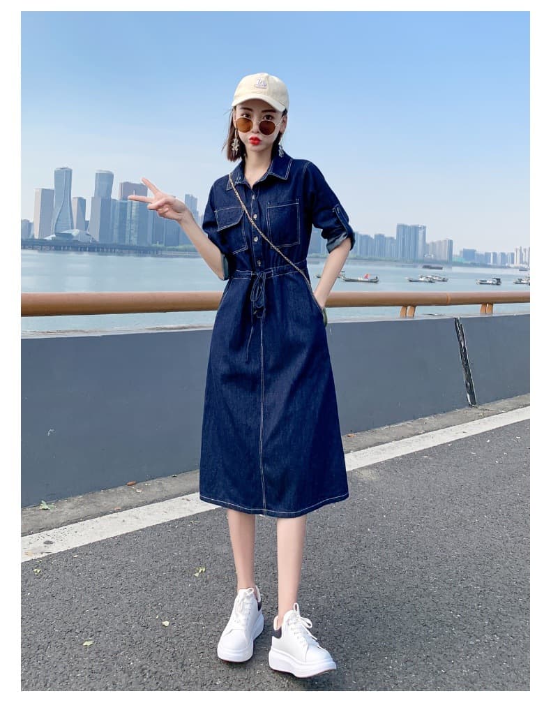 大人ワンピース ロング  デニム素材シャツカラーロングワンピース