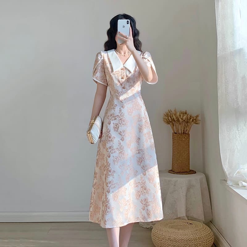 大人ワンピース ロング 優美なパフスリーブ 花柄ロングワンピース