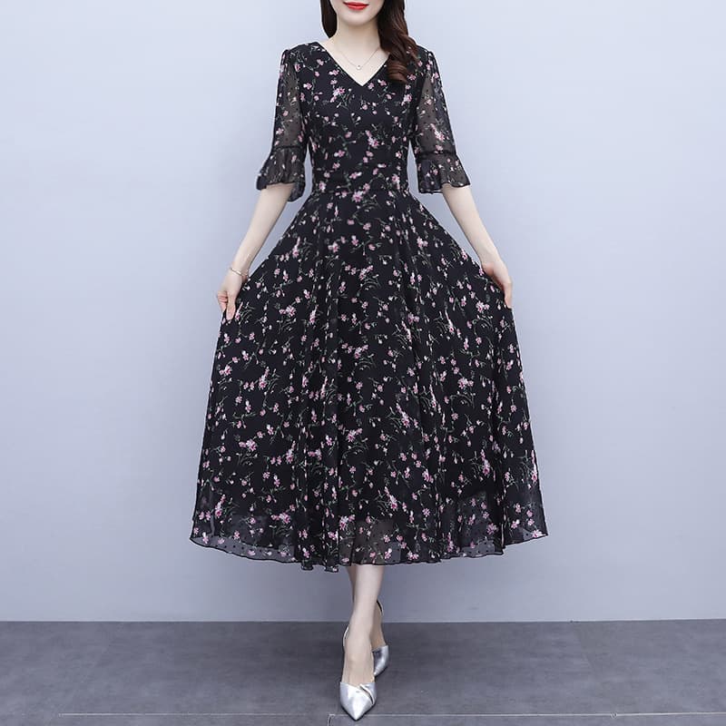 大人ワンピース ロング 七分袖シフォンフレアワンピース