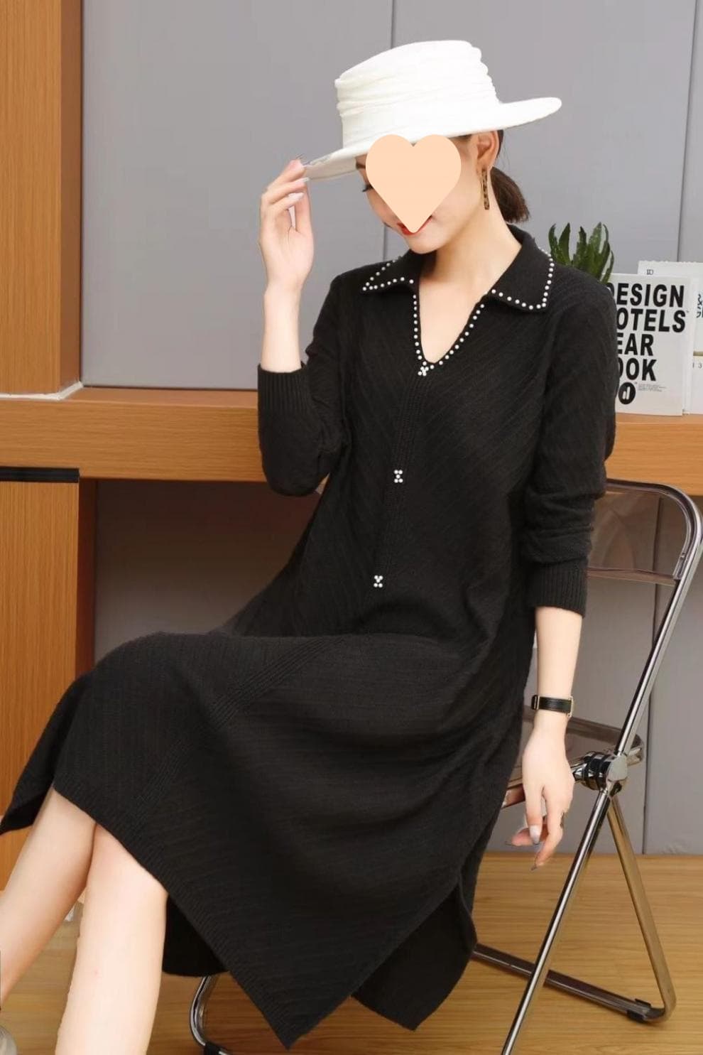 大人ワンピース ロング ゆったり着やすい スリット入りニットワンピース
