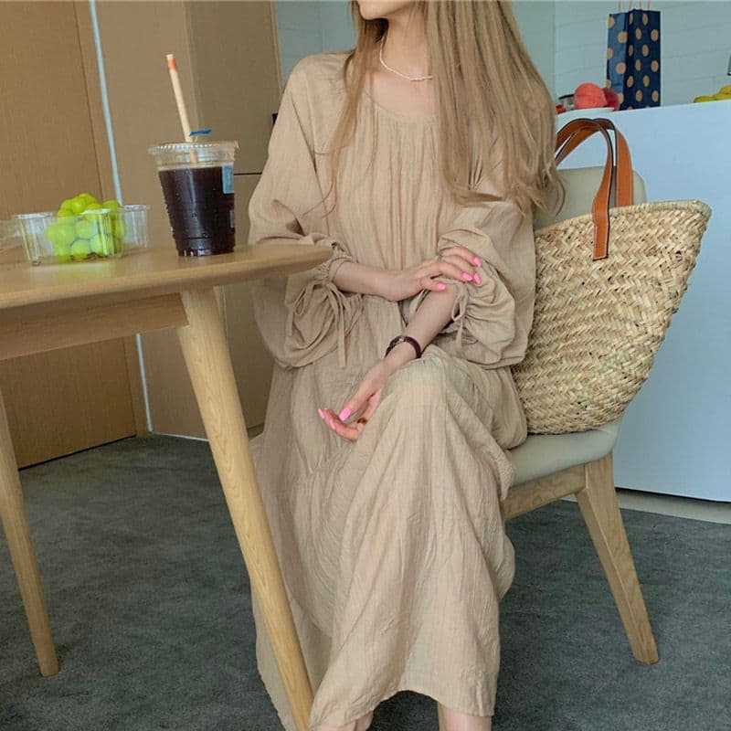 大人ワンピース ロング ふんわり袖のティアードワンピース