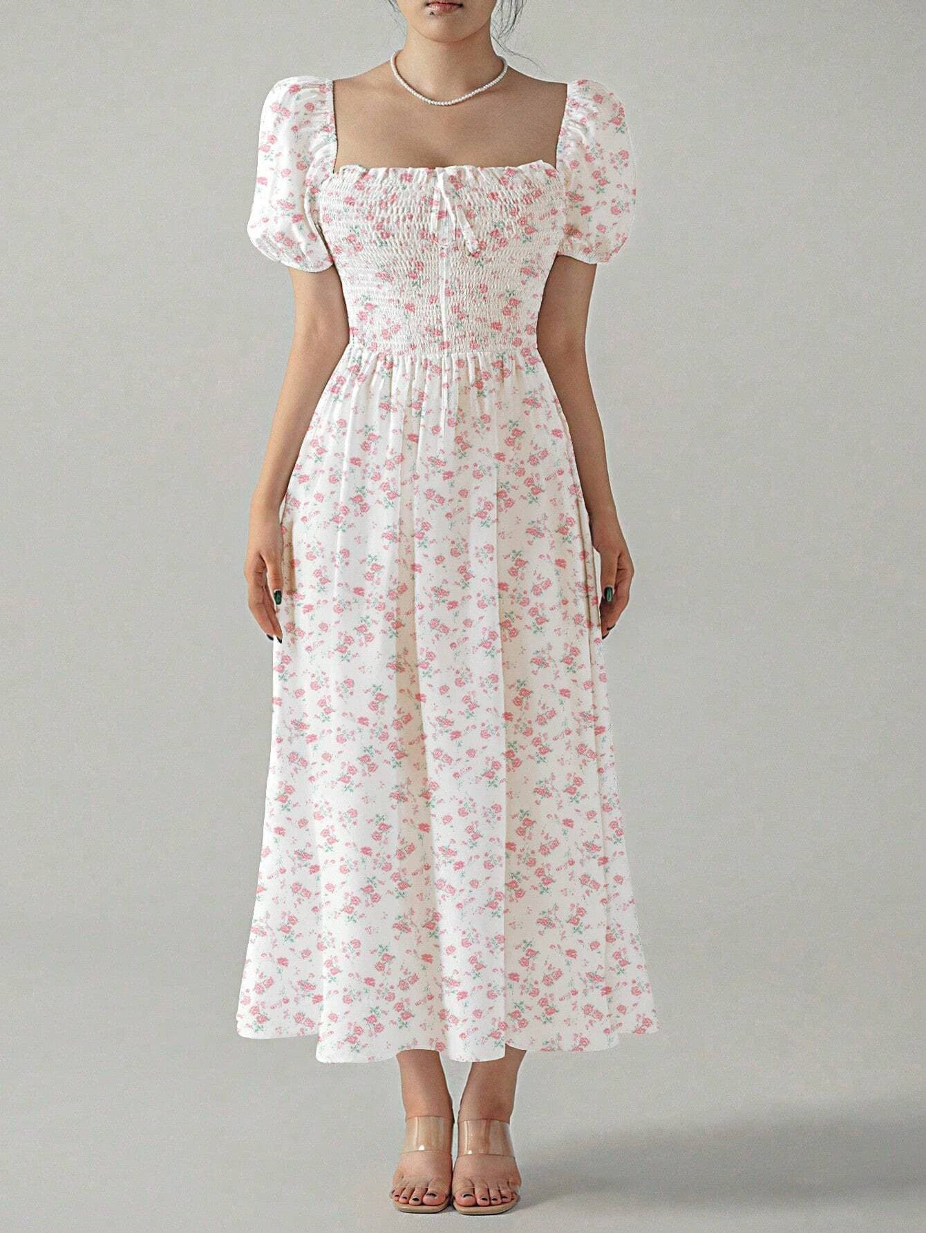 大人ワンピース ロング 花柄シャーリングワンピース