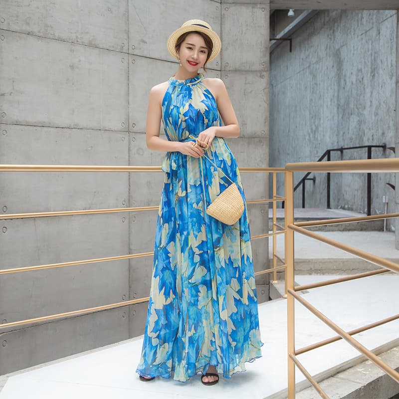 大人ワンピース ロング フローラル柄シフォンホルターネックワンピース