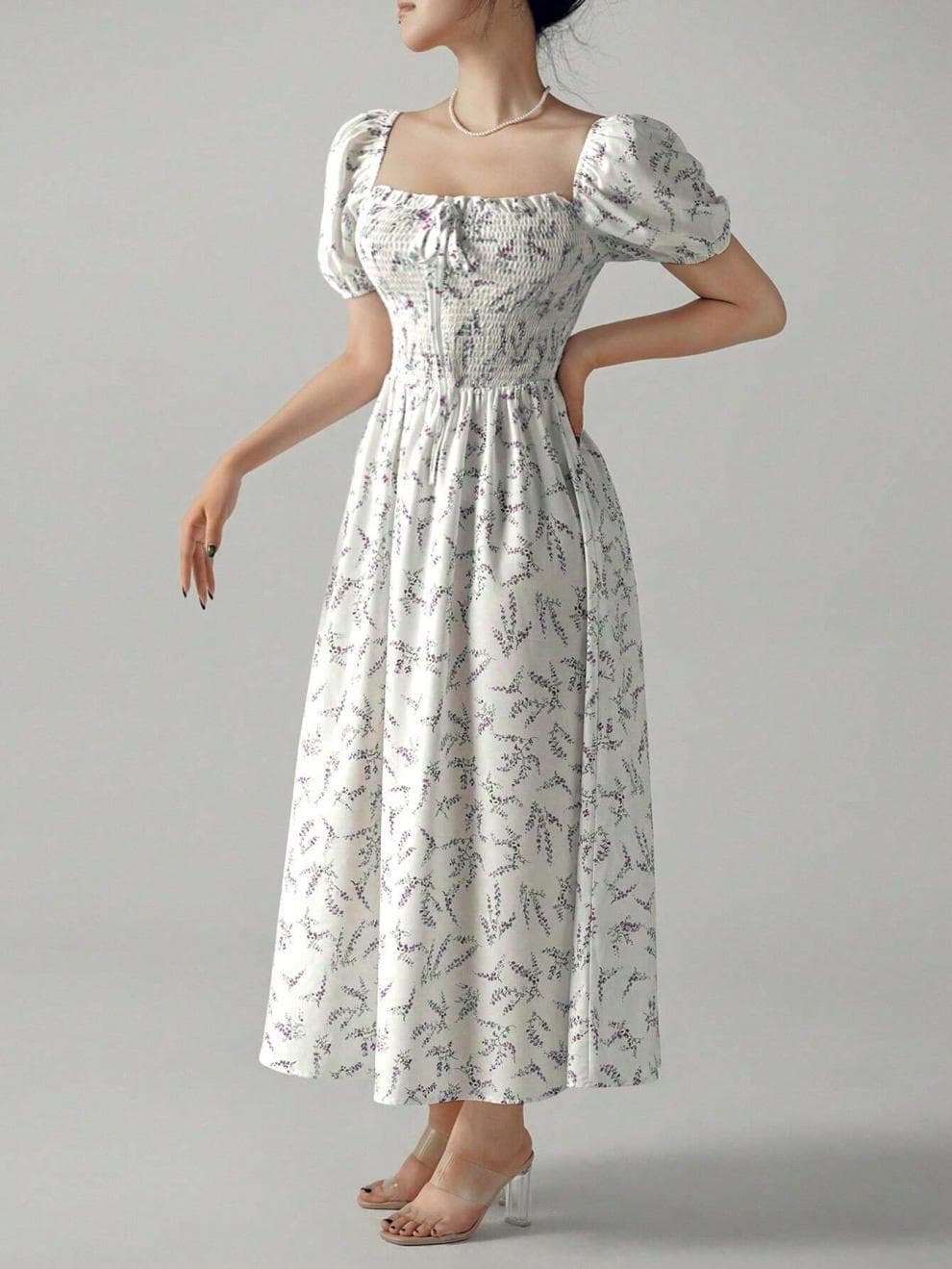 大人ワンピース ロング 花柄シャーリングワンピース