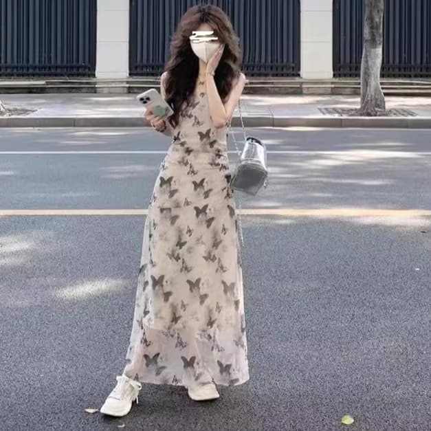 大人ワンピース ロング 蝶々柄シフォンロングワンピース