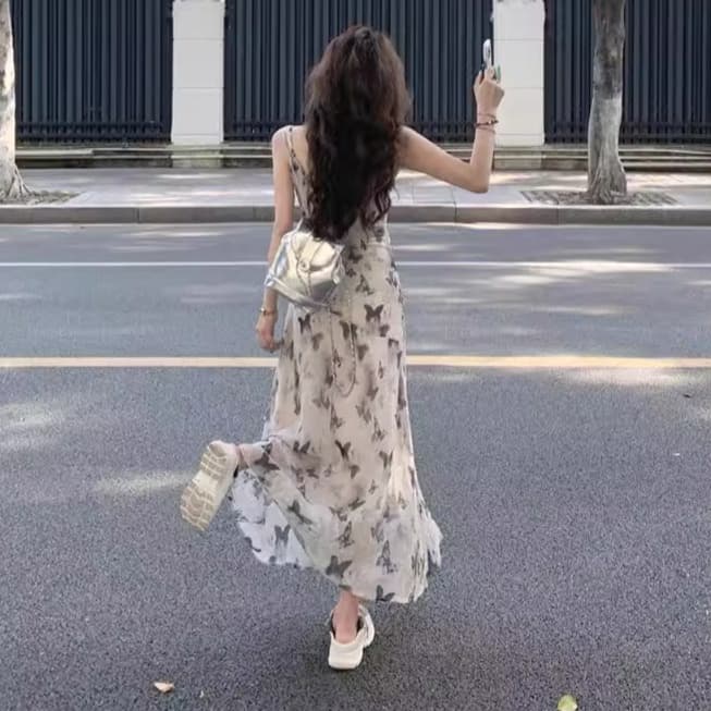 大人ワンピース ロング 蝶々柄シフォンロングワンピース