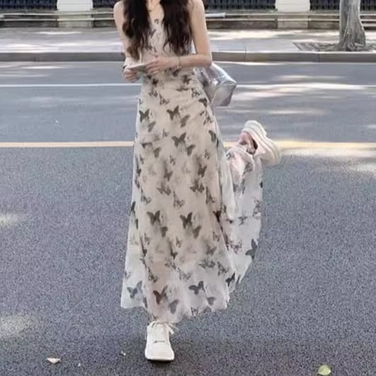 大人ワンピース ロング 蝶々柄シフォンロングワンピース