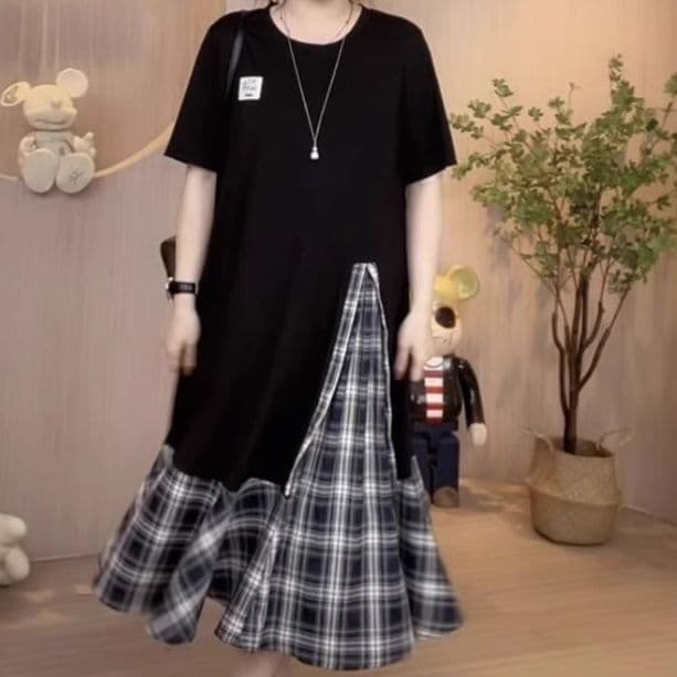 大人ワンピース ロング 格子柄切替 ゆったりロングワンピース
