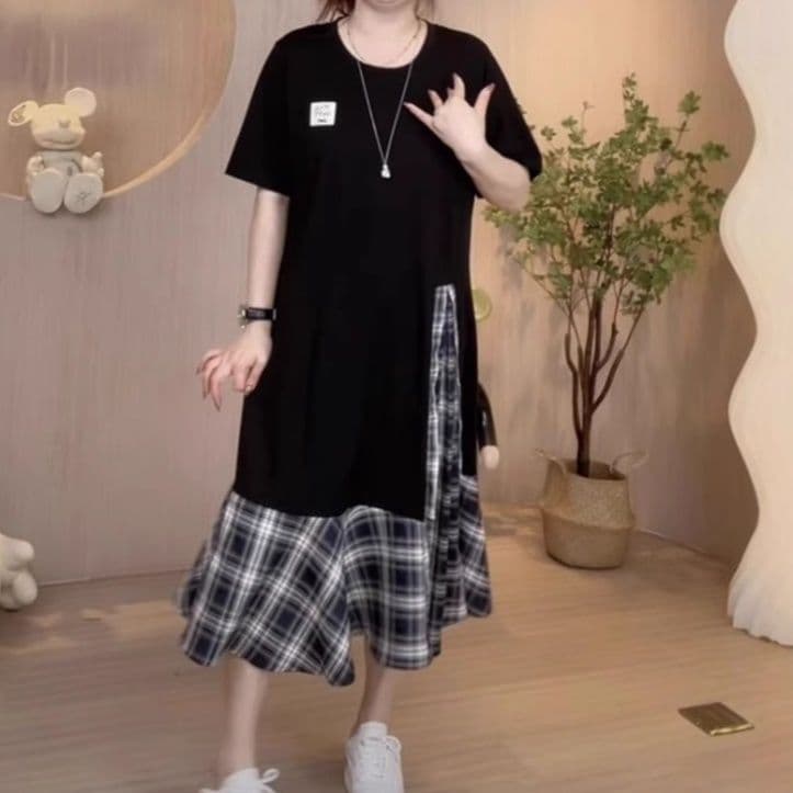 大人ワンピース ロング 格子柄切替 ゆったりロングワンピース
