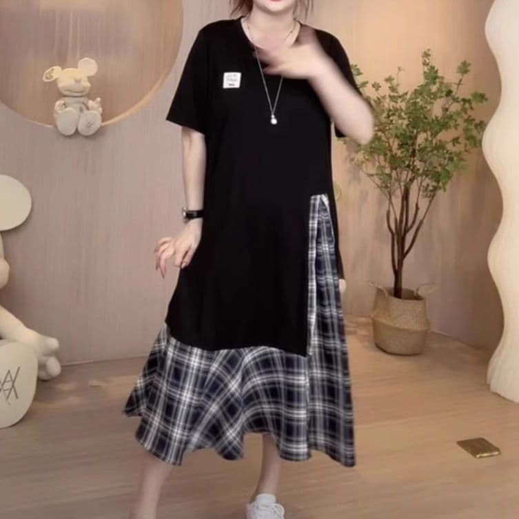 大人ワンピース ロング 格子柄切替 ゆったりロングワンピース
