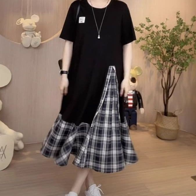 大人ワンピース ロング 格子柄切替 ゆったりロングワンピース