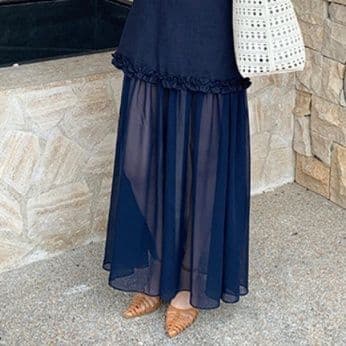大人ワンピース ロング シフォン切替フリルロングワンピース