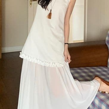 大人ワンピース ロング シフォン切替フリルロングワンピース