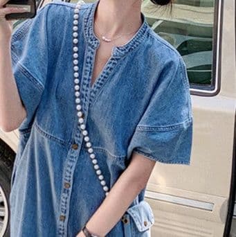 大人ワンピース ロング ノーカラーデニムワンピース