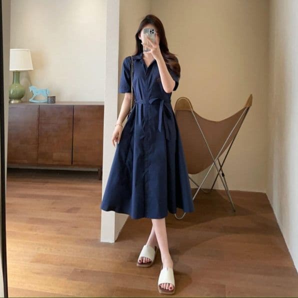 大人ワンピース ロング 上品シルエット フレアシャツワンピース