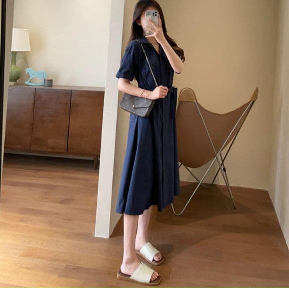 大人ワンピース ロング 上品シルエット フレアシャツワンピース