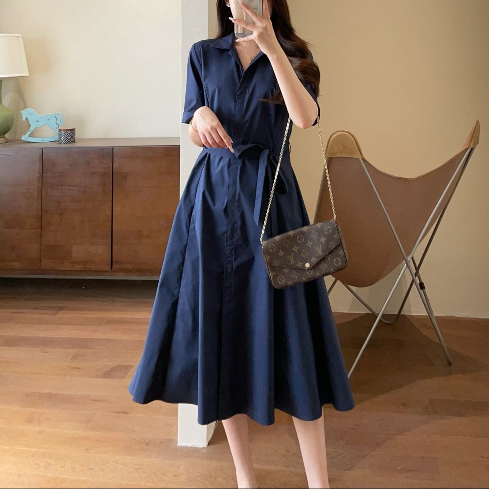 大人ワンピース ロング 上品シルエット フレアシャツワンピース