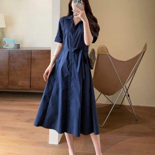 大人ワンピース ロング 上品シルエット フレアシャツワンピース